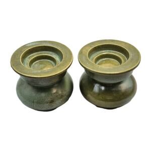 Two Vintage Secla Portugal Green Pottery Pillar Candle Holders 4x4.5"